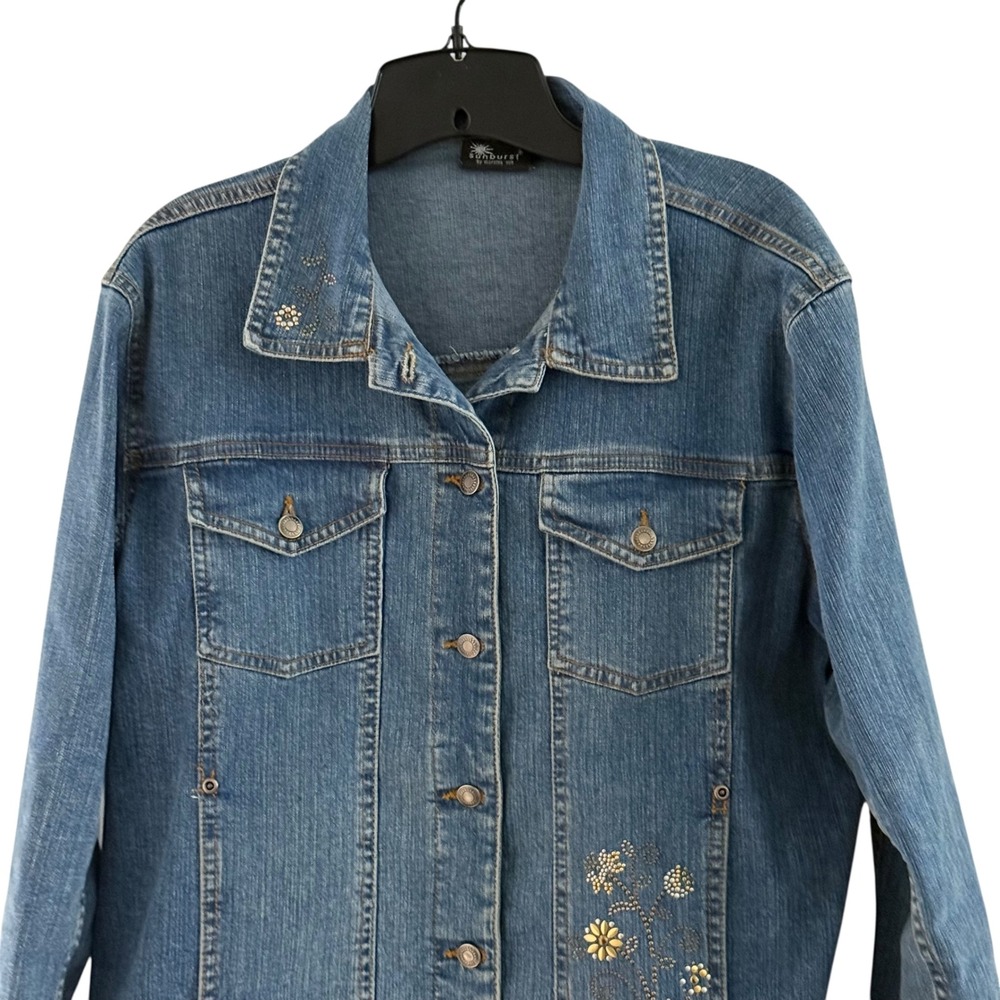 90's Sunburst Denim Jacket Women L Blue Floral Studded Rhinestone Trucker Coat - Picture 12 of 16